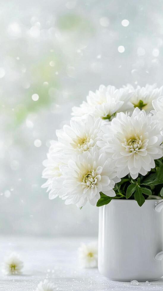 Fresh white flowers in a watering can against a blurred background of soft light photo