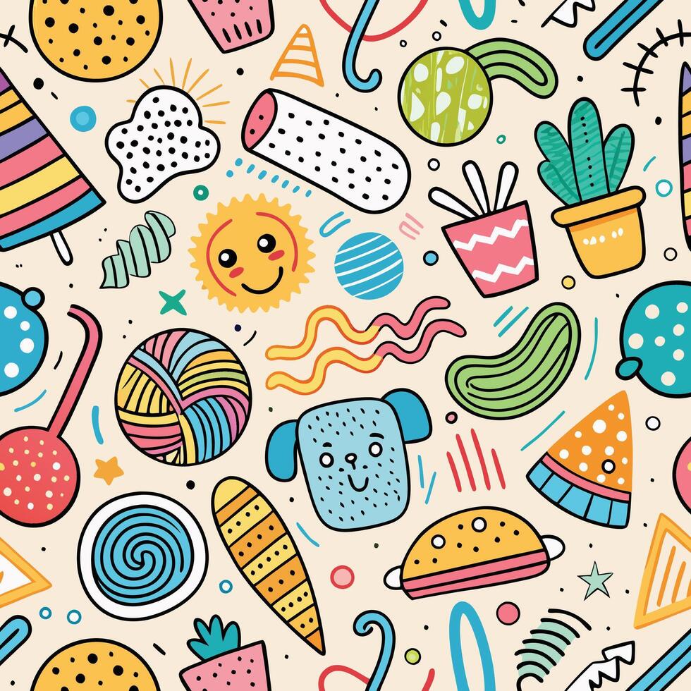a colorful doodle pattern with various objects vector