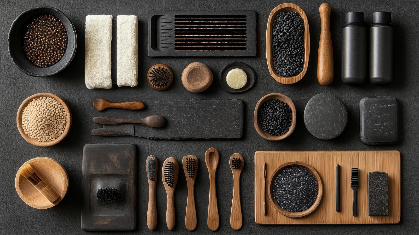 A variety of different types of black soap and brushes photo