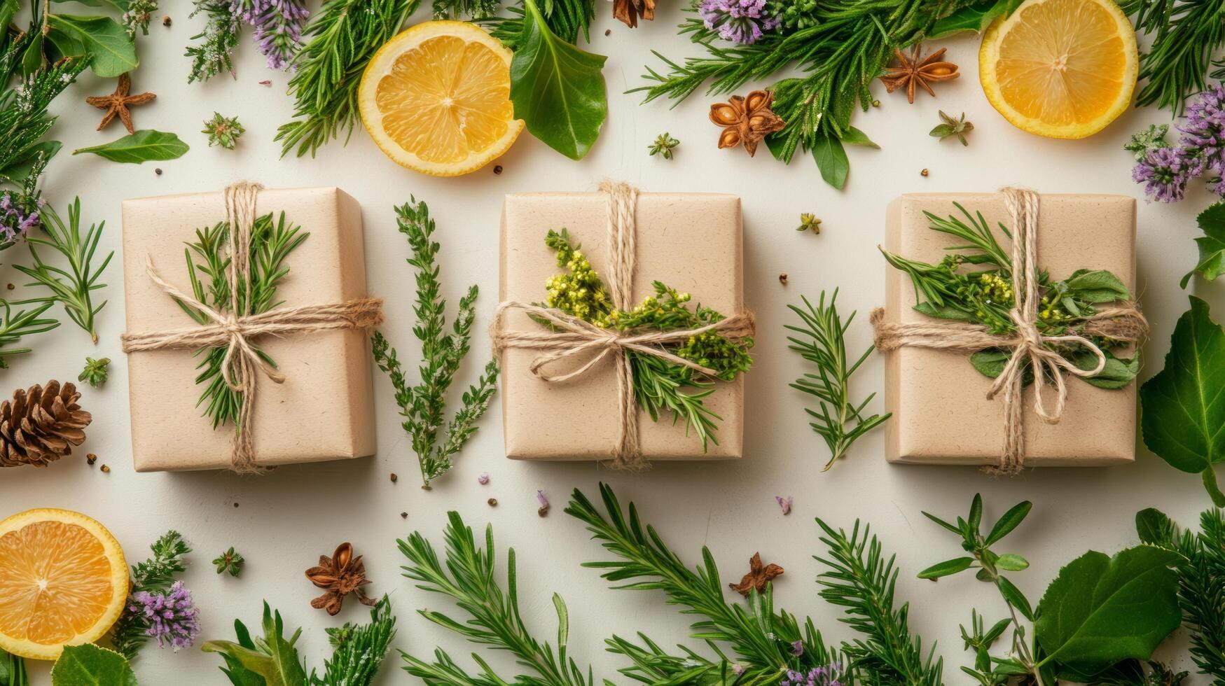 Three gift boxes wrapped in brown paper with herbs and oranges photo
