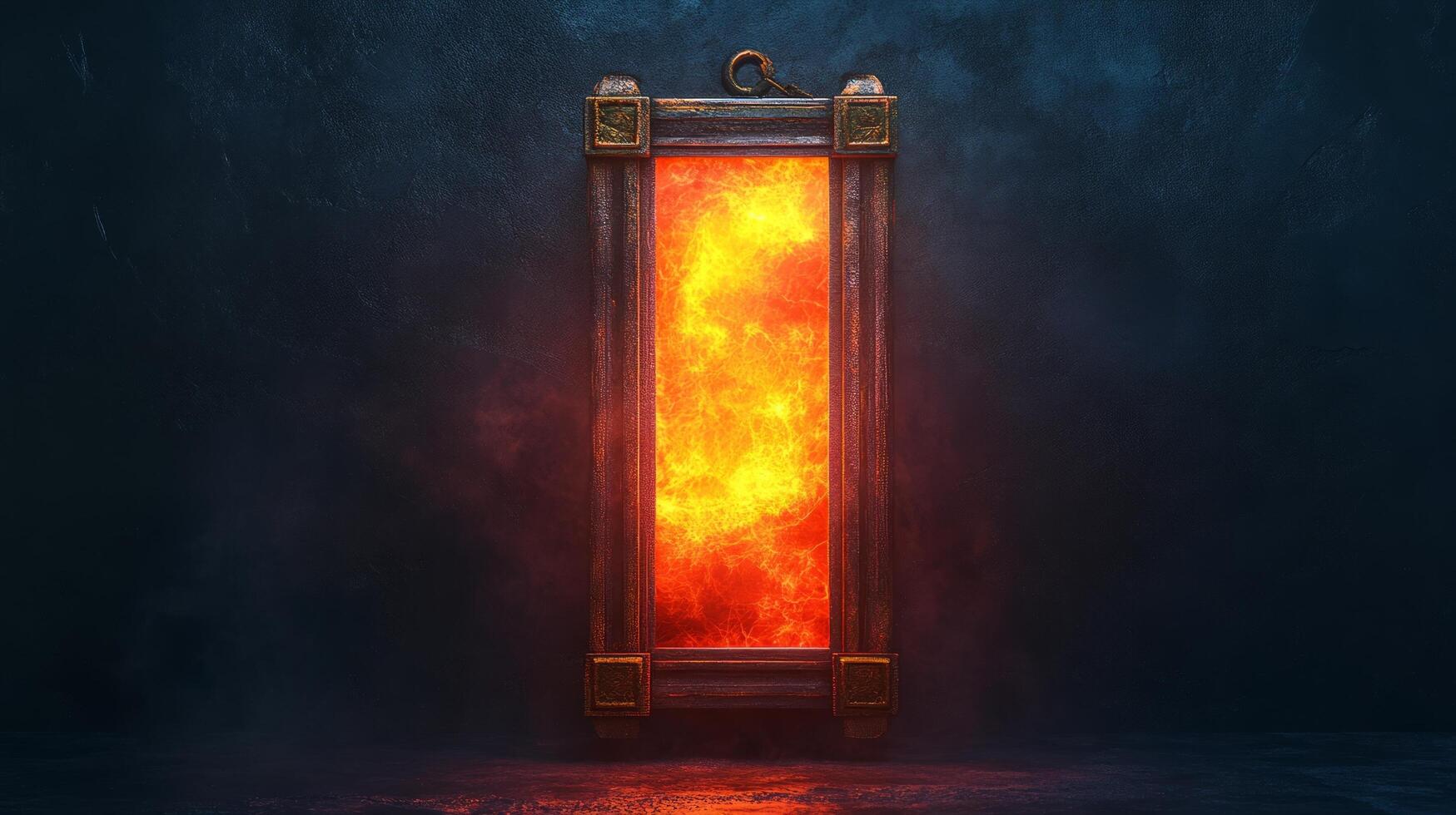 An image of a fire burning in a wooden frame photo