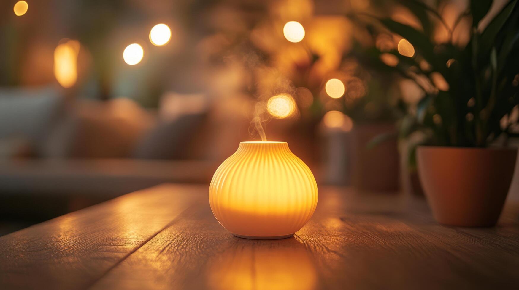 A small white vase with a candle lit on a table photo