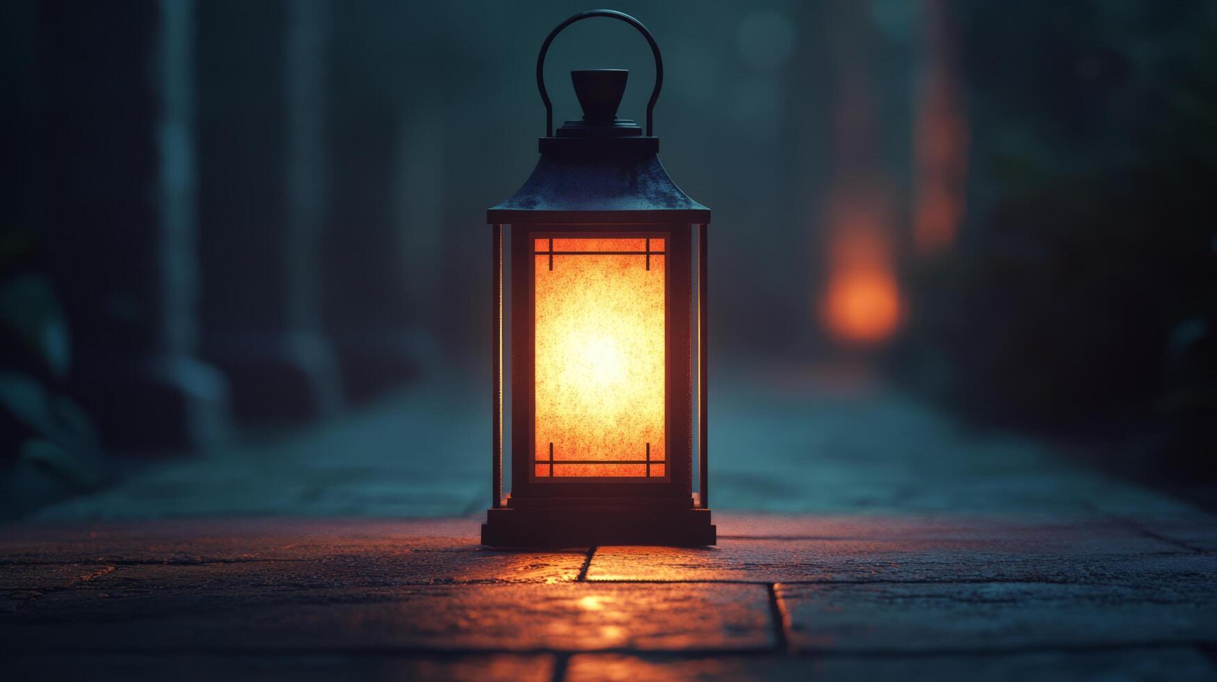 A lantern is lit up on a path photo