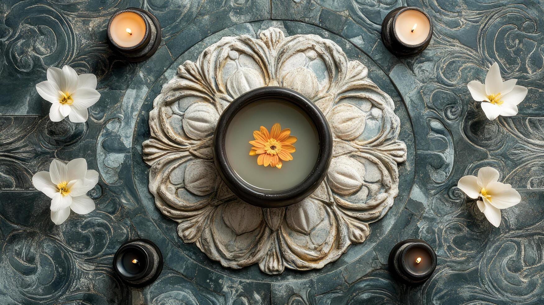 A flower and candle are on a table with a stone wall photo