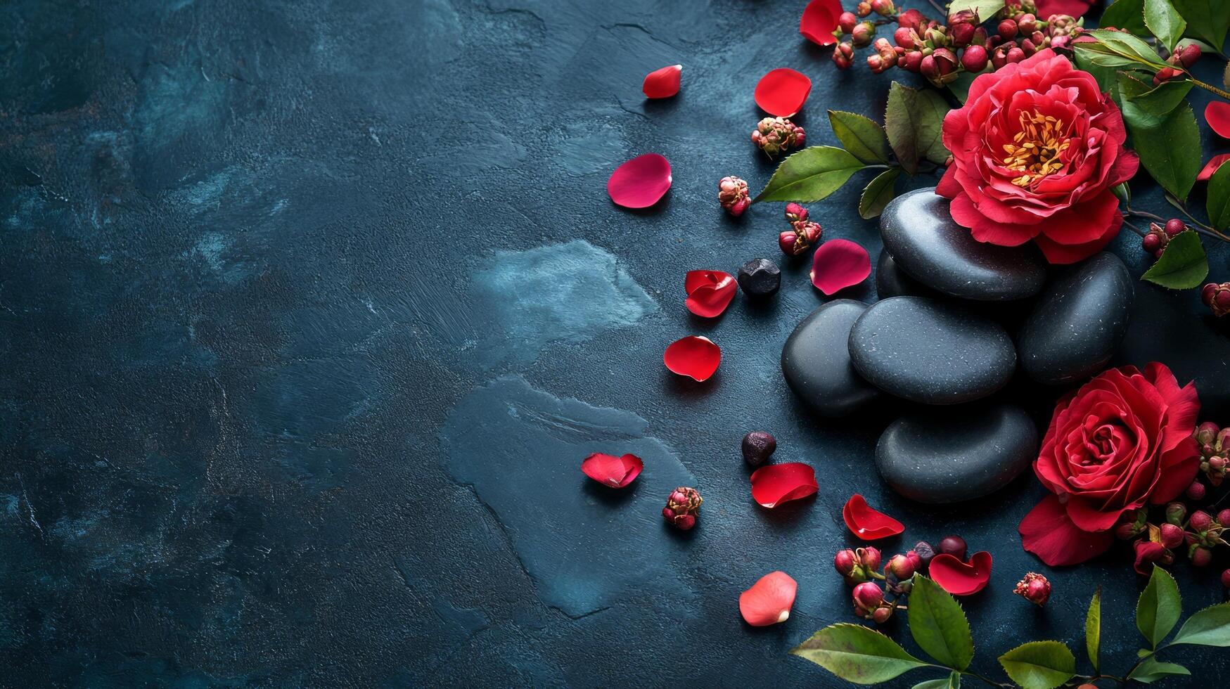 Spa stones and red roses on a dark blue background photo