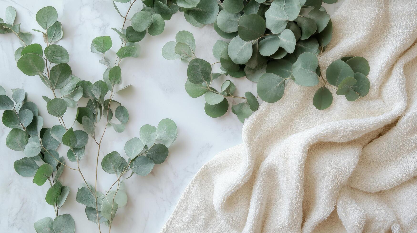 A white towel with eucalyptus leaves on it photo