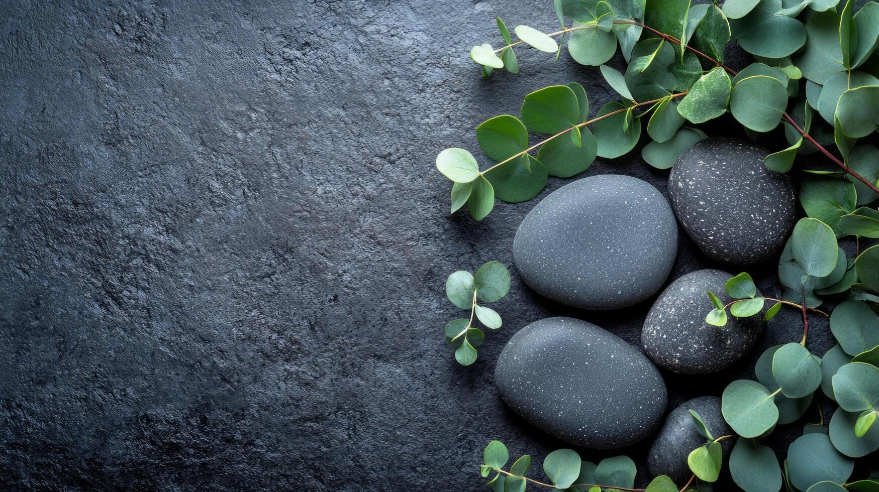 Spa stones and eucalyptus leaves on black stone background photo
