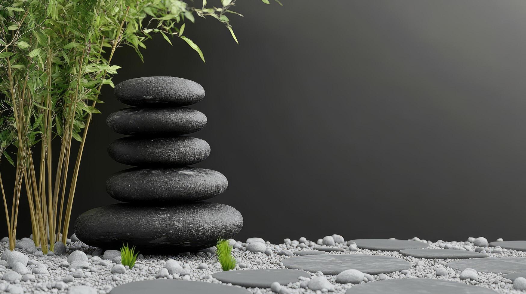 A stack of stones and bamboo in front of a black background photo