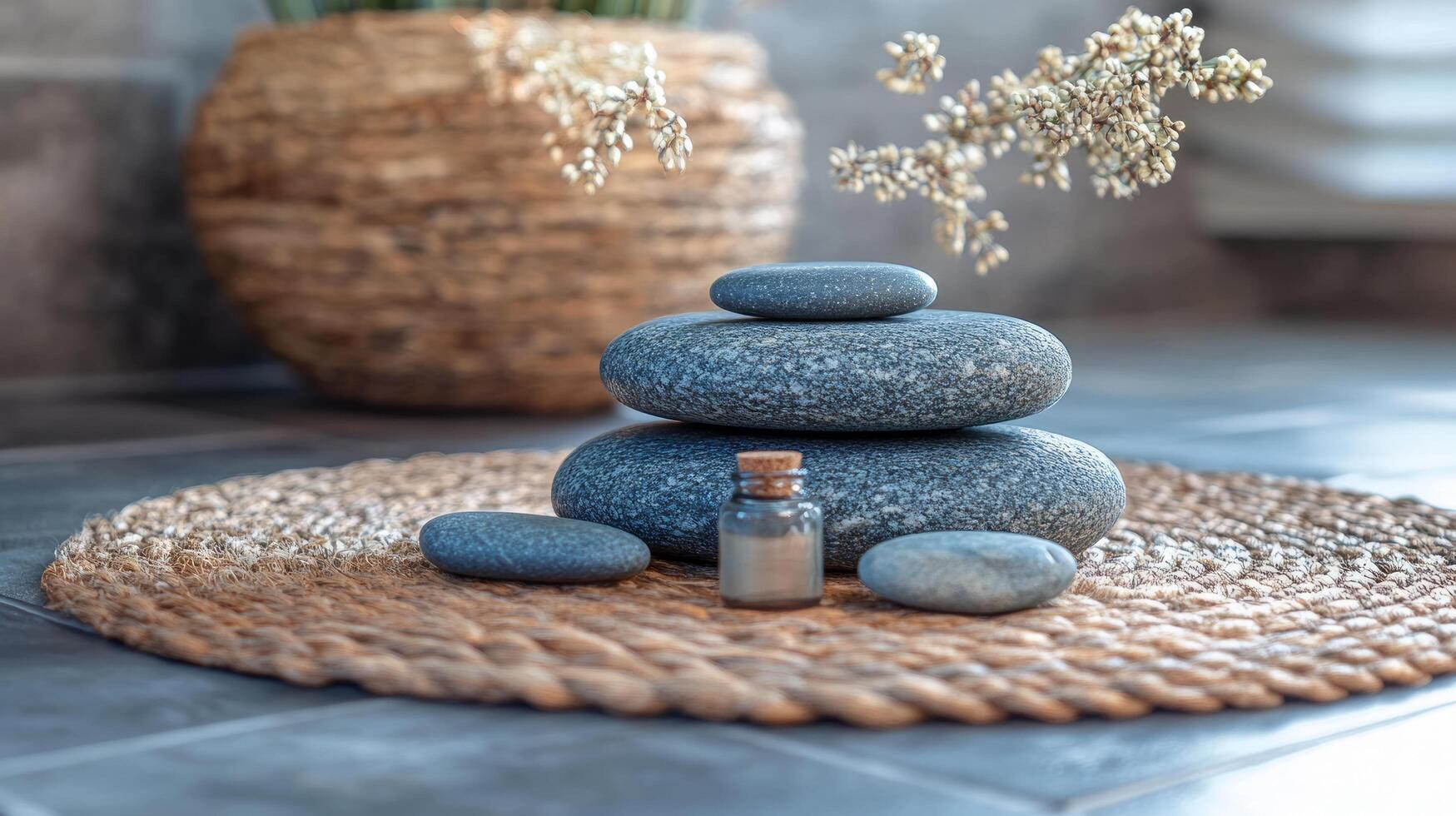 A stack of stones and a bottle of essential oil photo