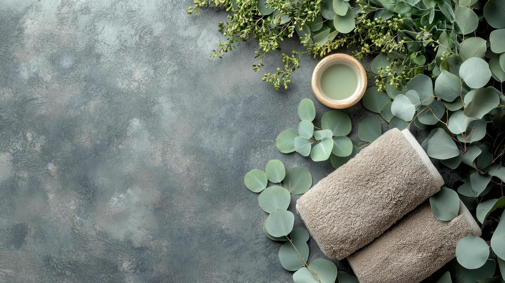 Eucalyptus leaves and towels on a gray background photo