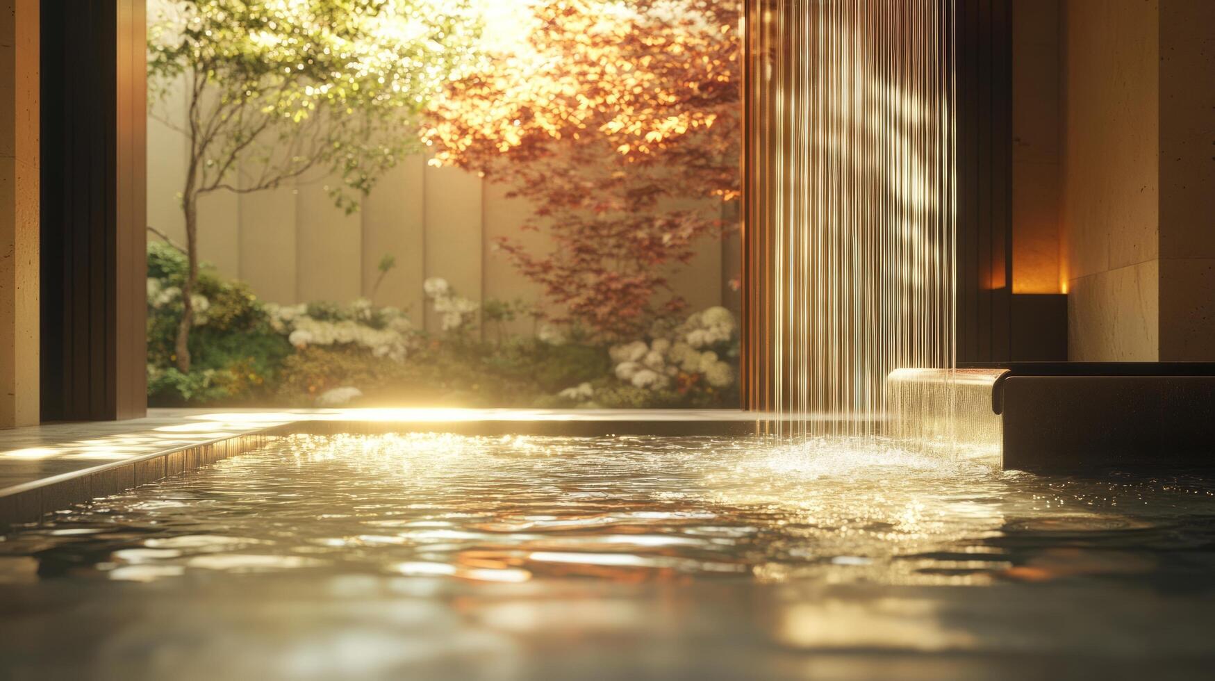 A water fountain in a room with a view of a garden photo
