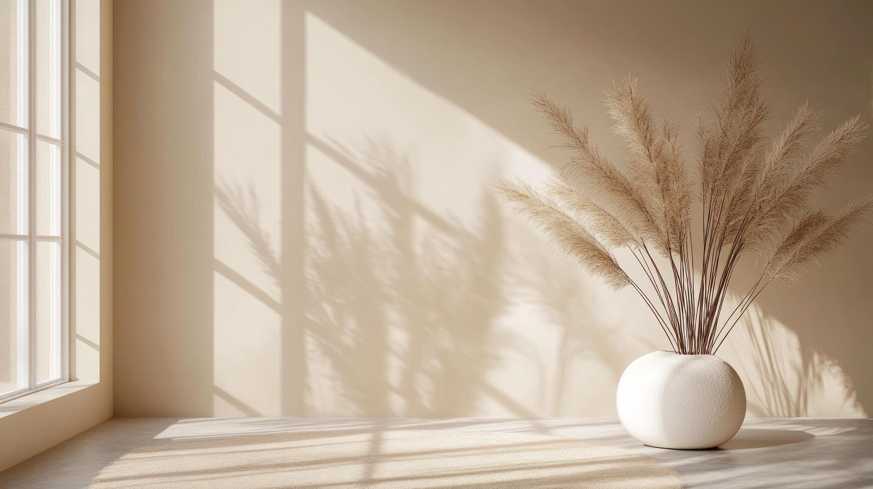 A vase with some grass in front of a window photo