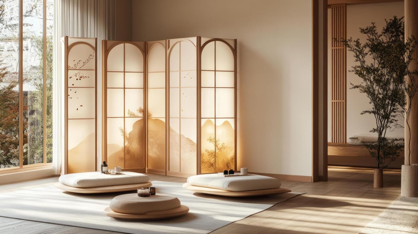 A room with a large window and a wooden screen photo