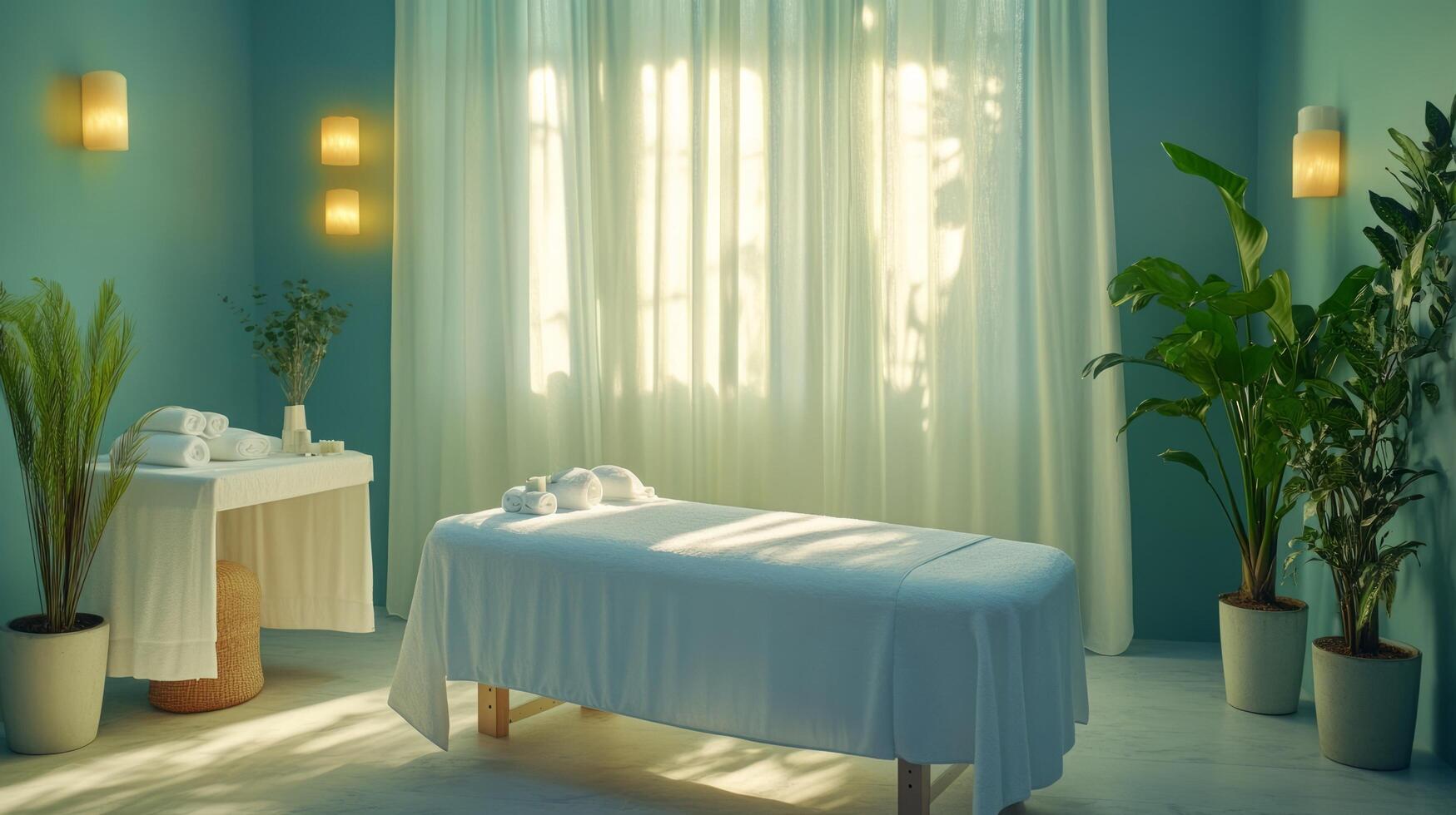 A spa room with white towels and plants photo