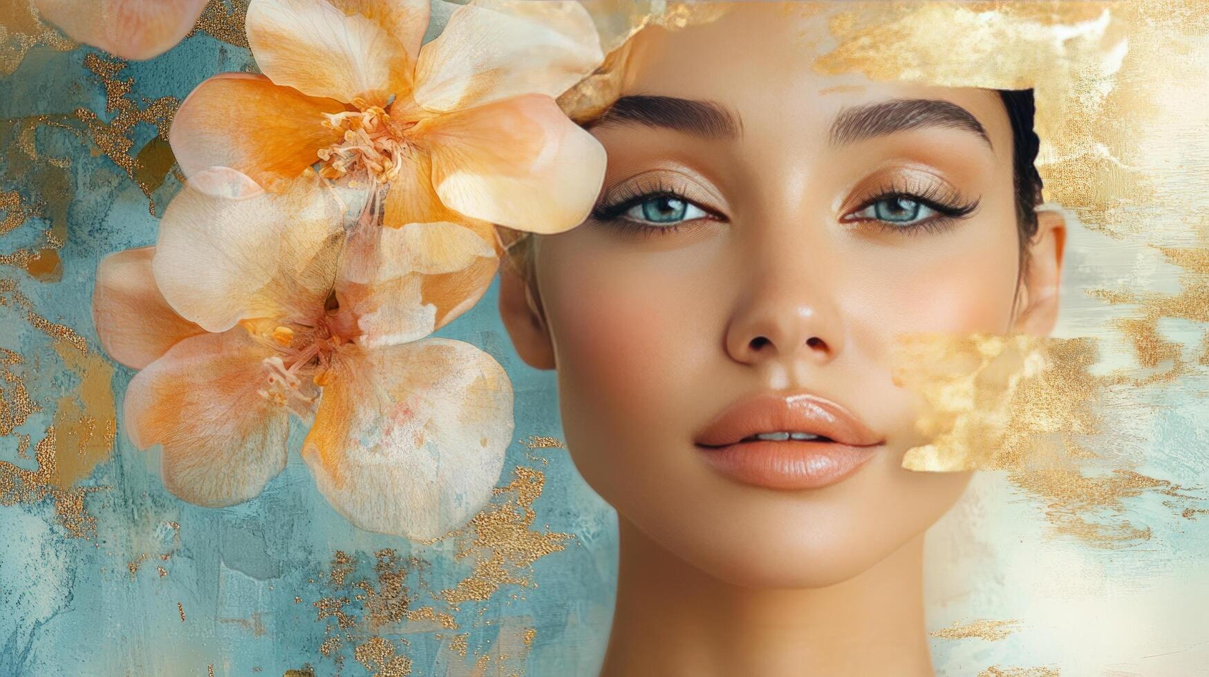Beautiful woman with golden flowers on her face photo