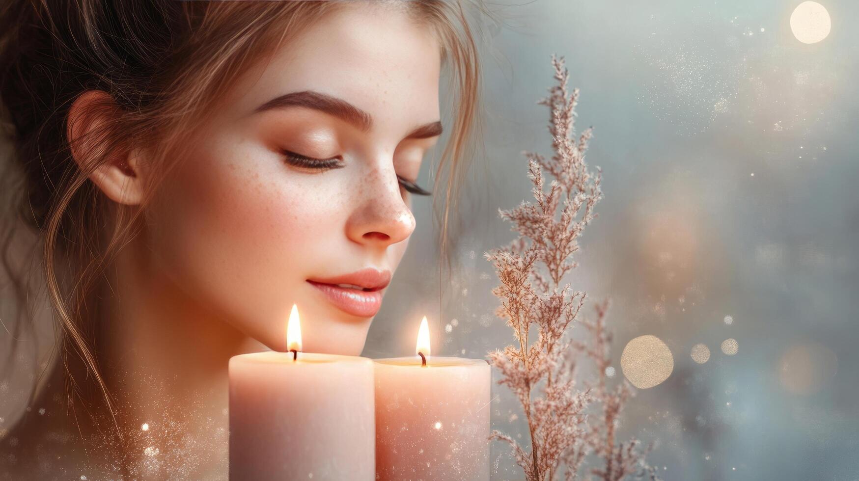 A woman with her eyes closed and candles in front of her photo