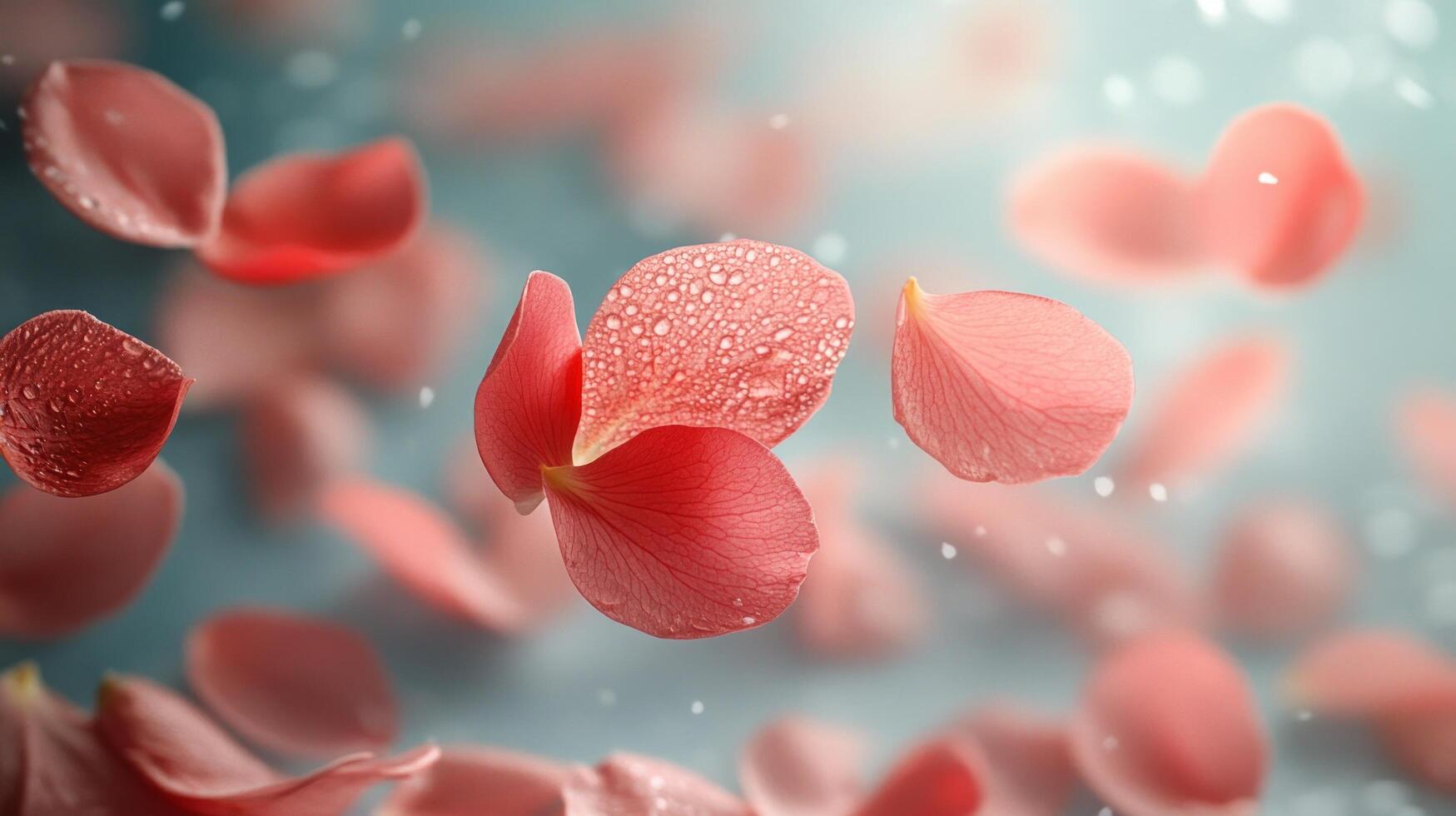 Pink petals falling from the sky with water droplets photo