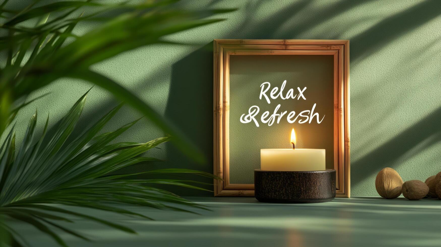 Relax and refresh text on a candle in a frame with green leaves photo