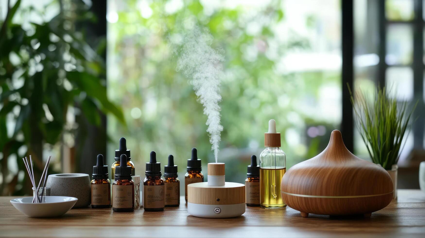 Essential oils and diffusers on a wooden table photo