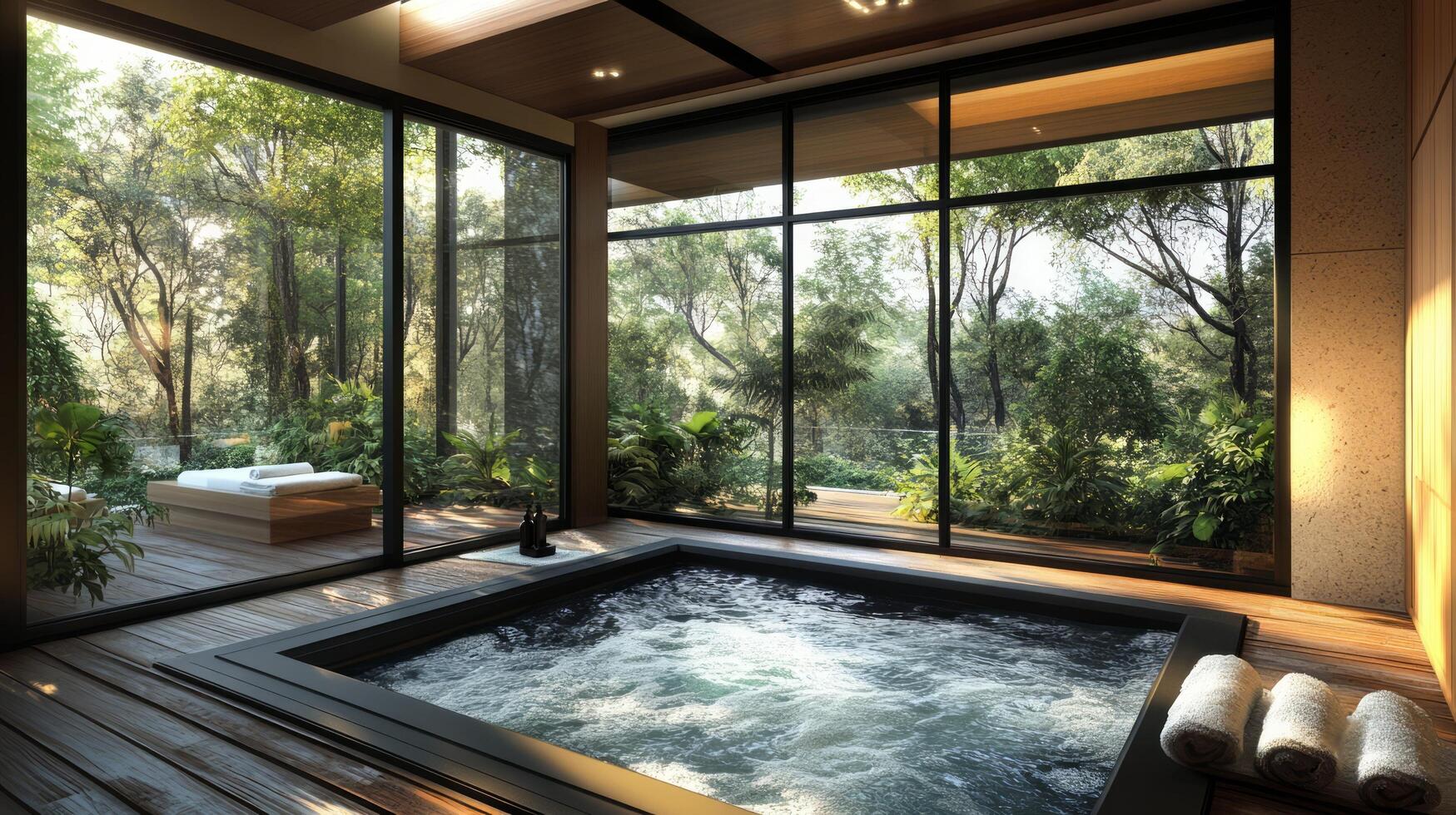 A large tub in a room with a view of the trees photo