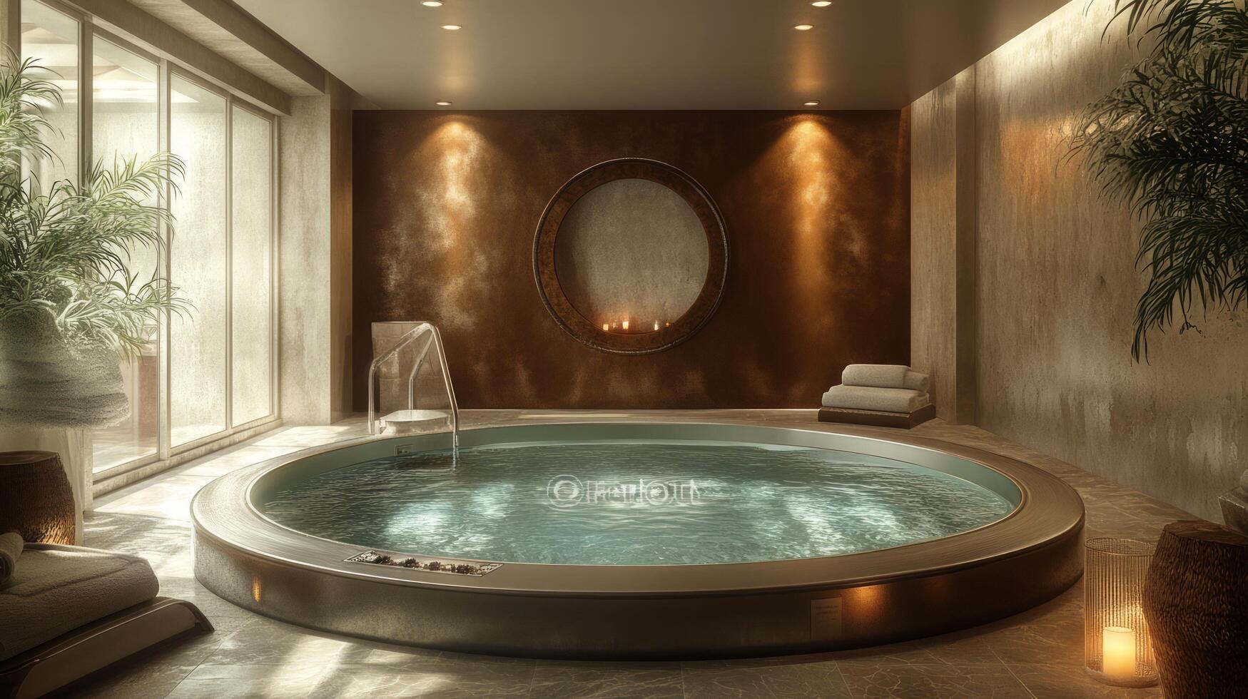 A spa tub in a room with a large window photo