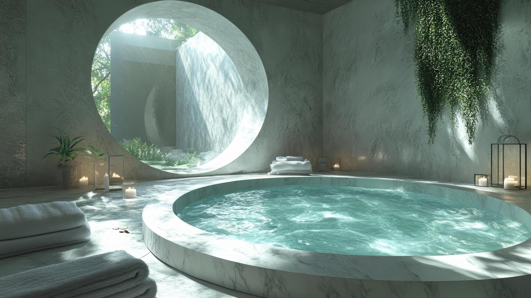 A large circular tub in a room with a window photo