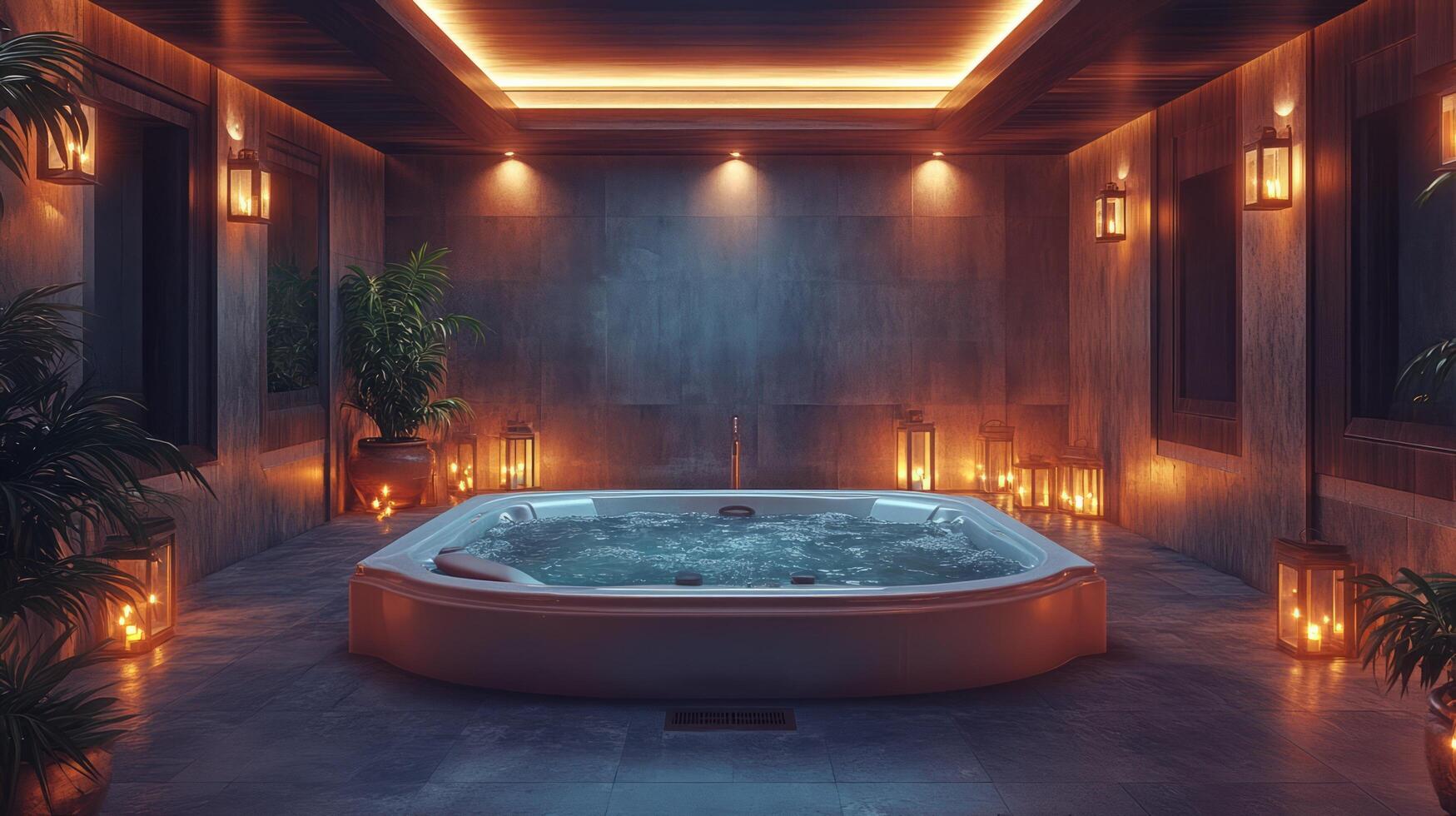 A large jacuzzi tub in a room with candles photo