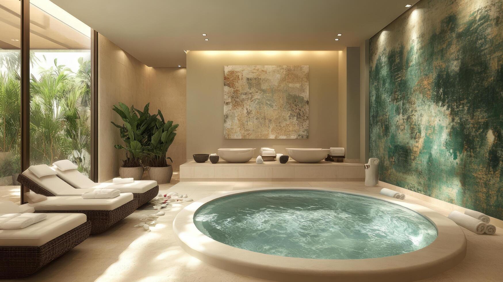 A spa room with a large jacuzzi tub photo