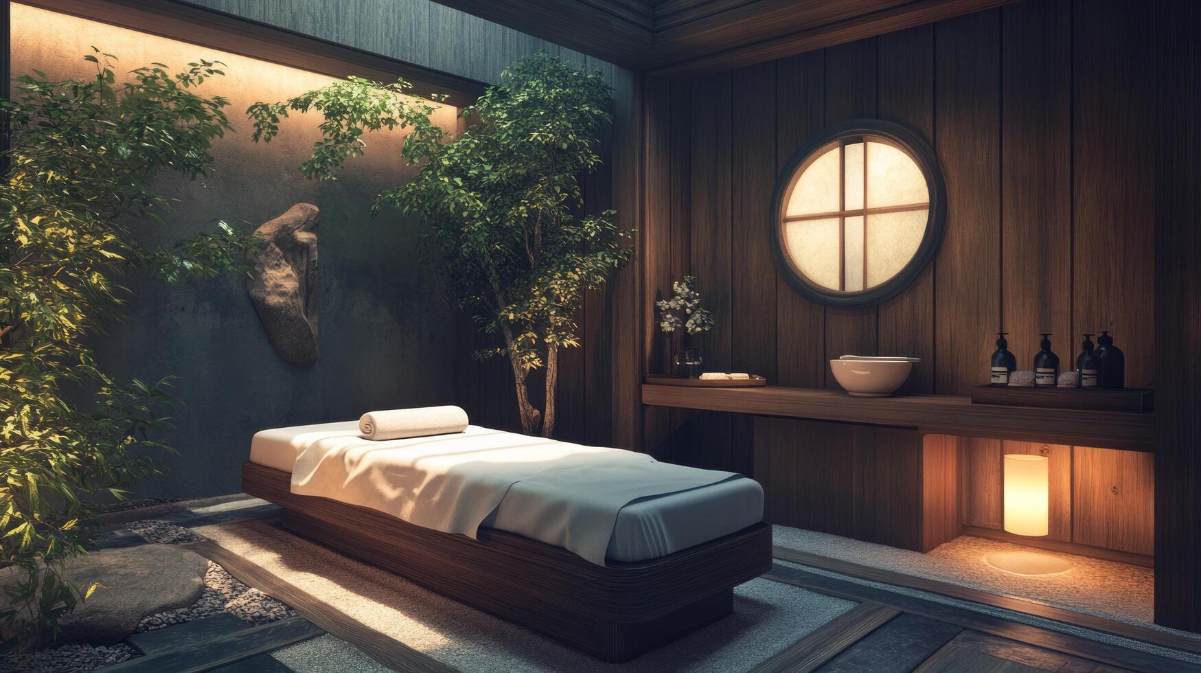 A spa room with a bed and a tree photo