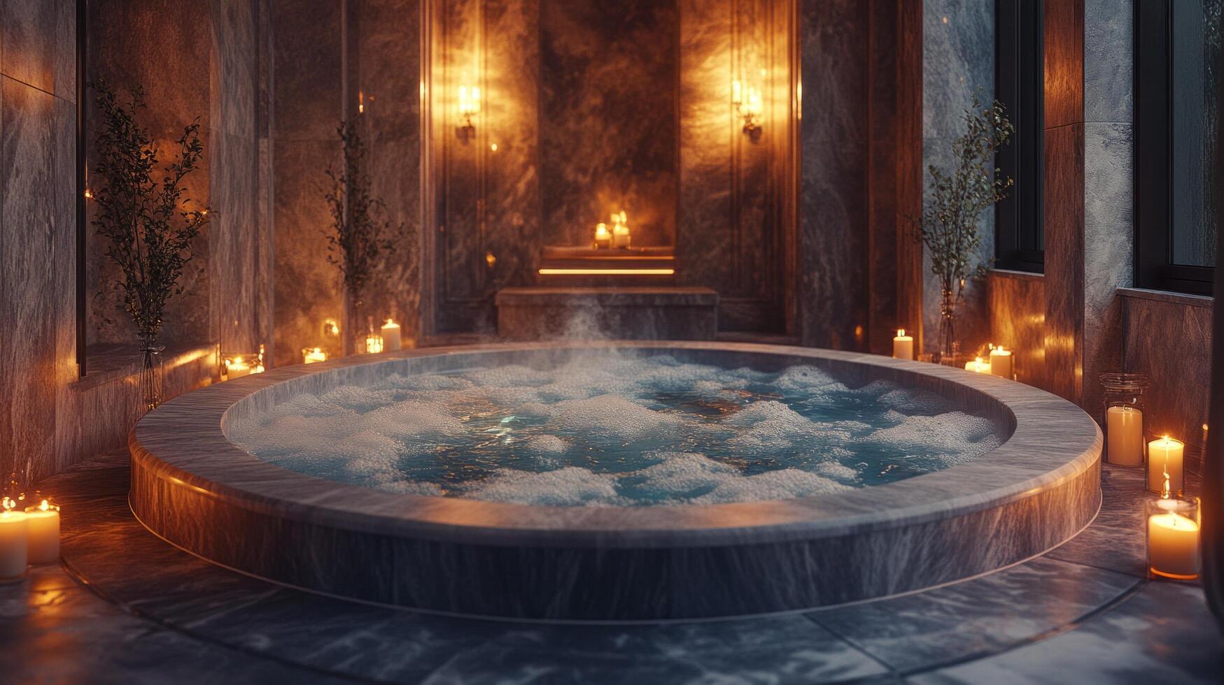 A large jacuzzi tub with candles lit up in it photo