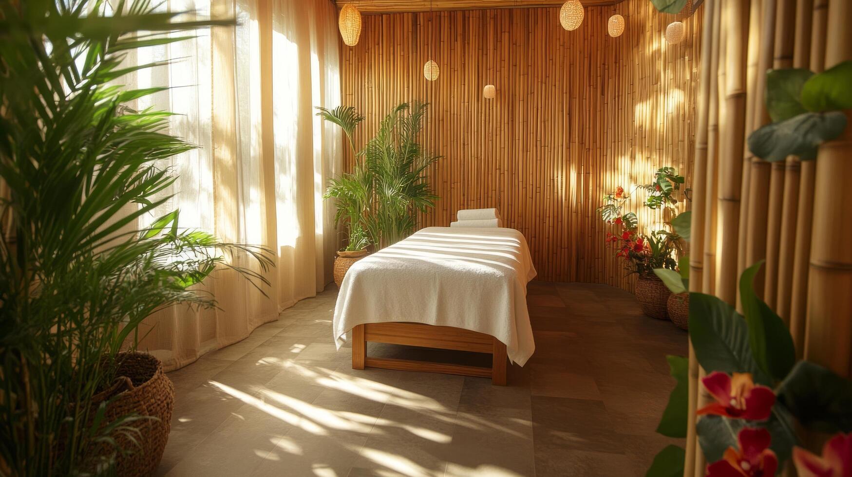 A massage room with a bed and plants photo