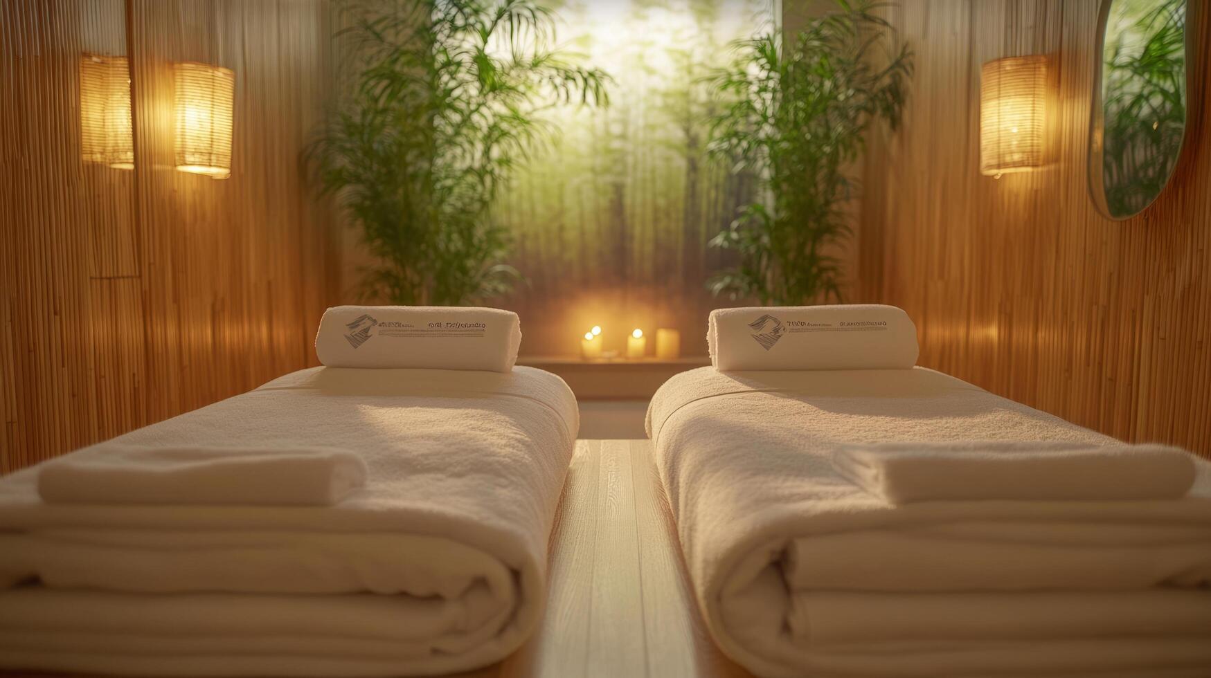 Two towels are placed on a massage table photo