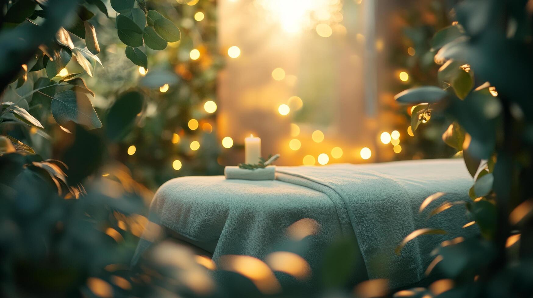 A massage table with a candle in the middle of the forest photo