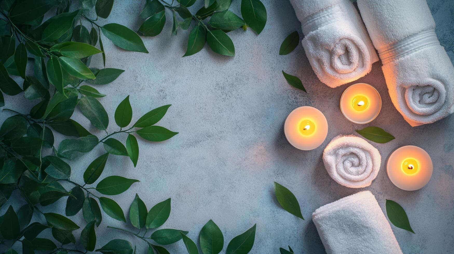 Spa towels with candles and leaves on a gray background photo