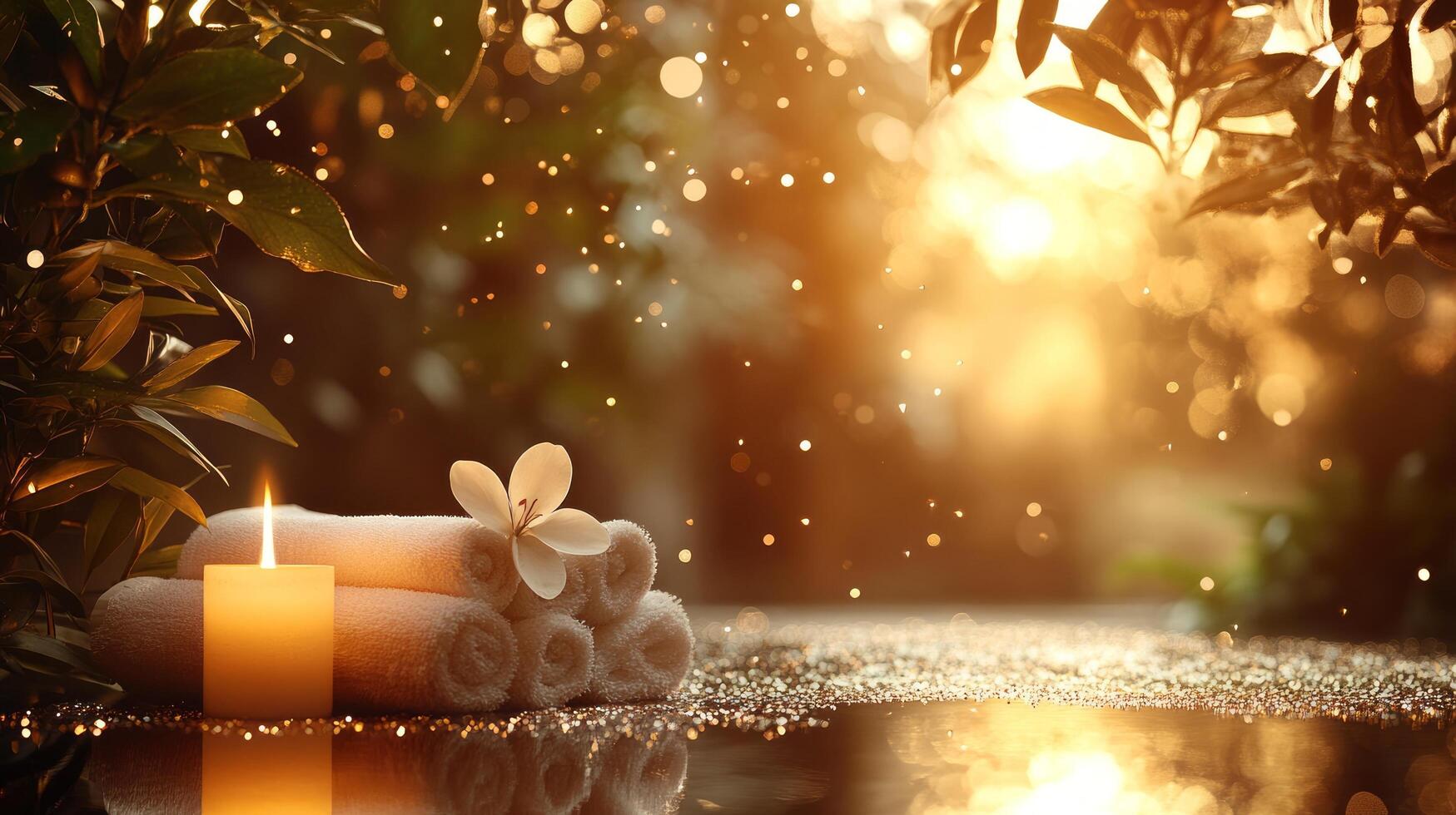 Spa candles and towels on a wet floor photo