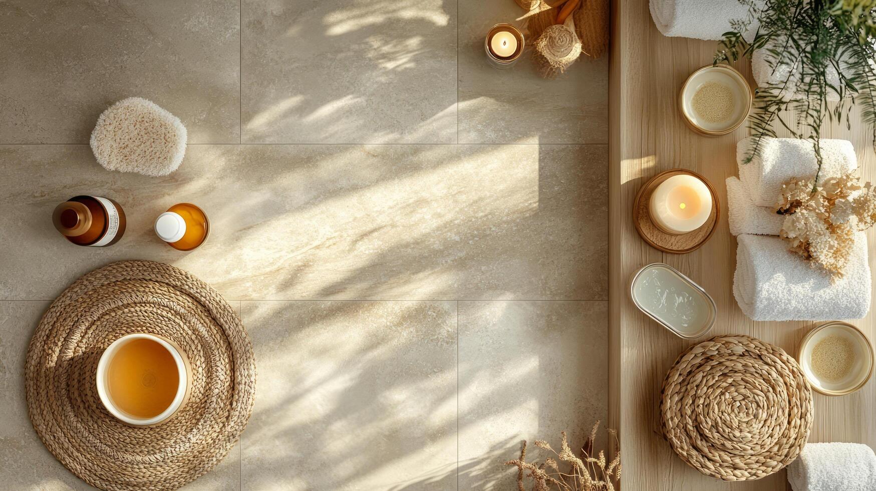 A table with towels, candles and other items photo