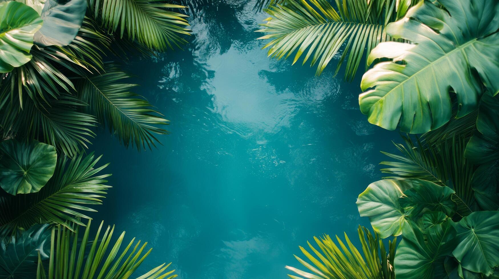 Tropical palm leaves and water in a jungle photo