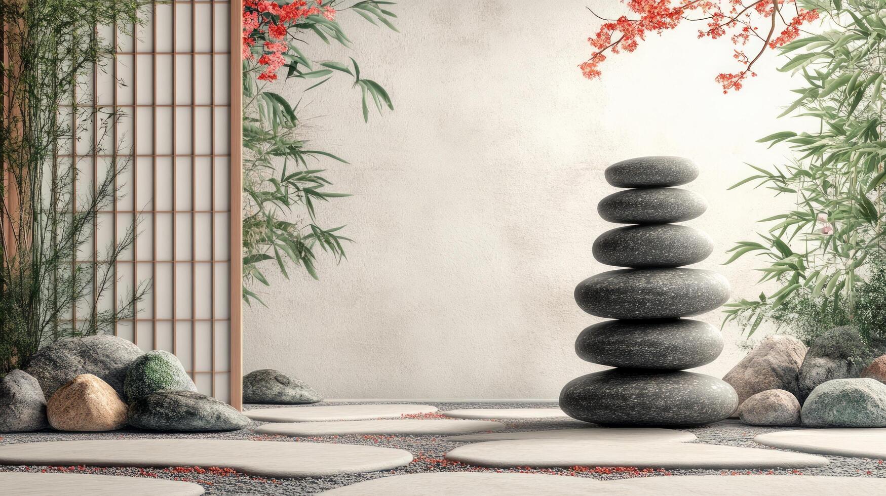 Zen garden with stone and bamboo photo