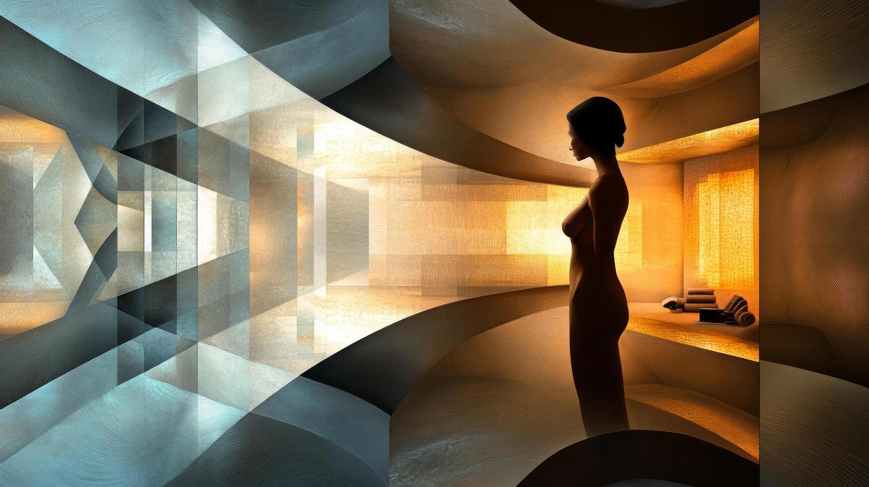A woman standing in front of a mirror in a room photo