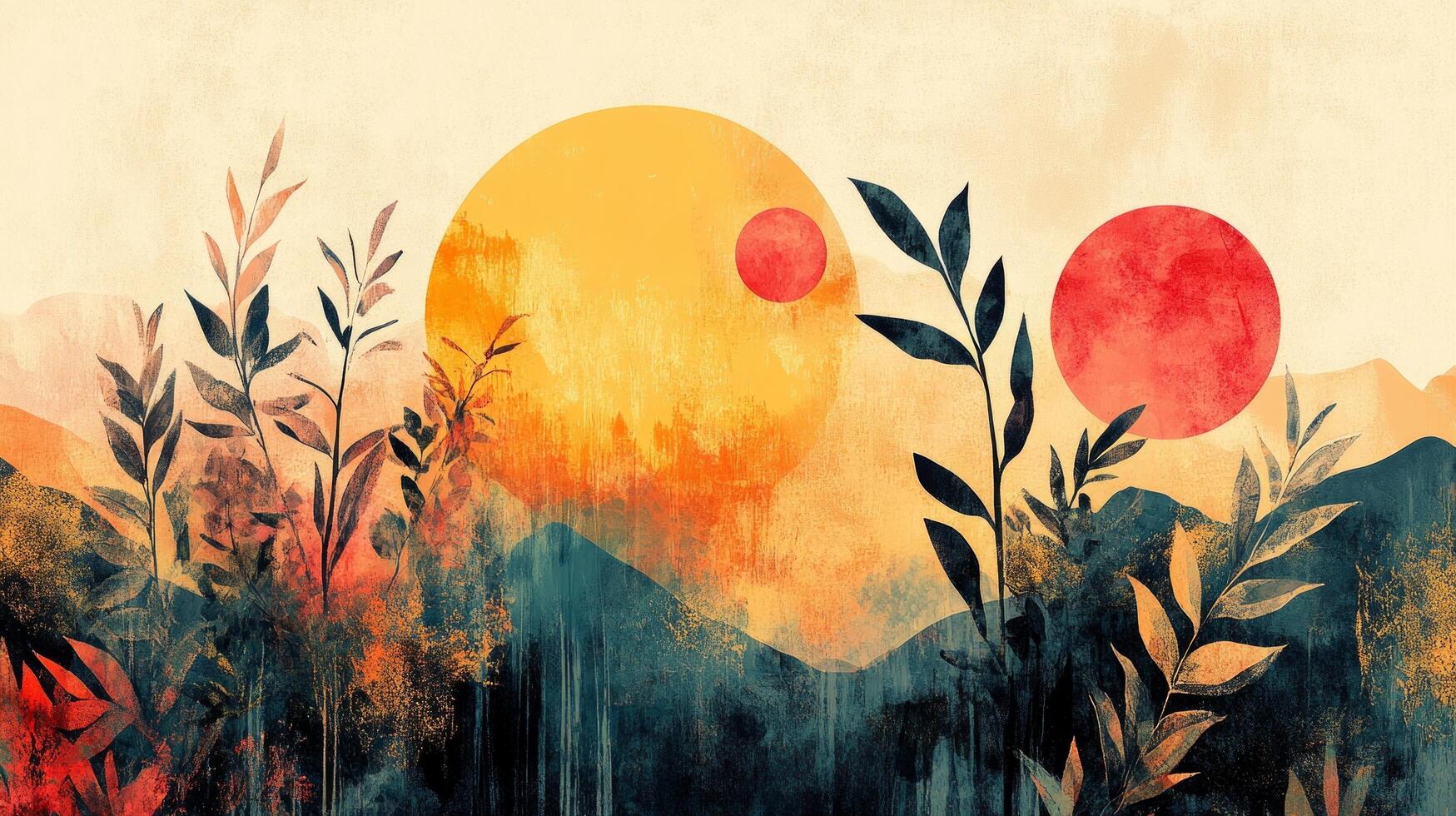 An abstract painting of a sunset with grass and trees photo