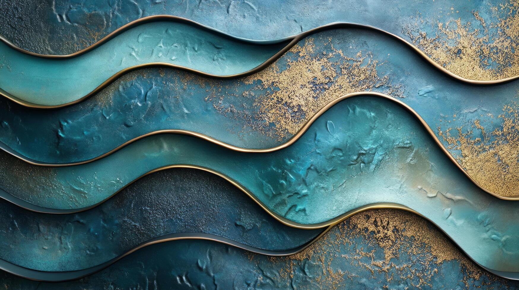 A blue and gold wave pattern on a wall photo