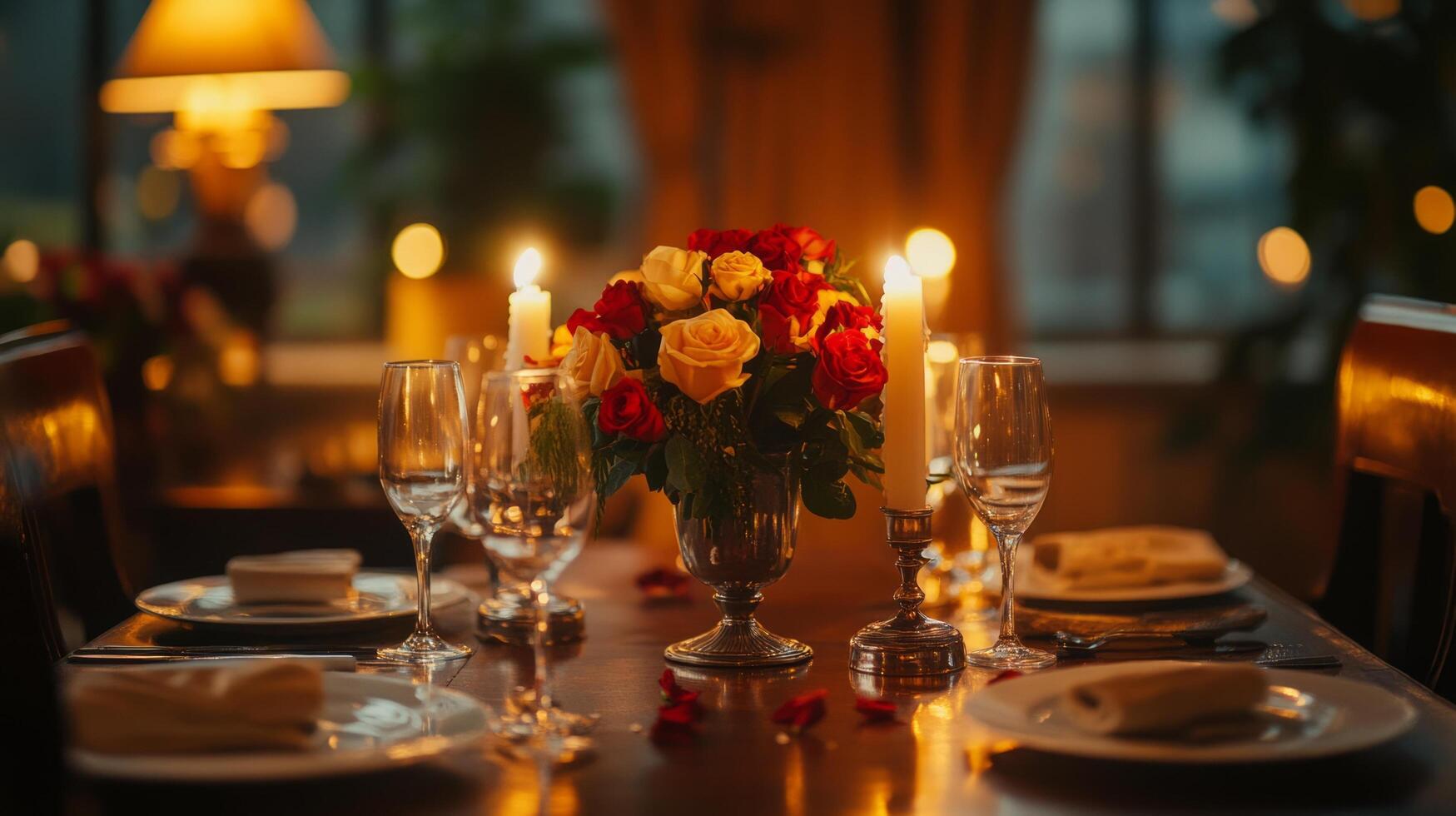 A table setting with candles and flowers photo