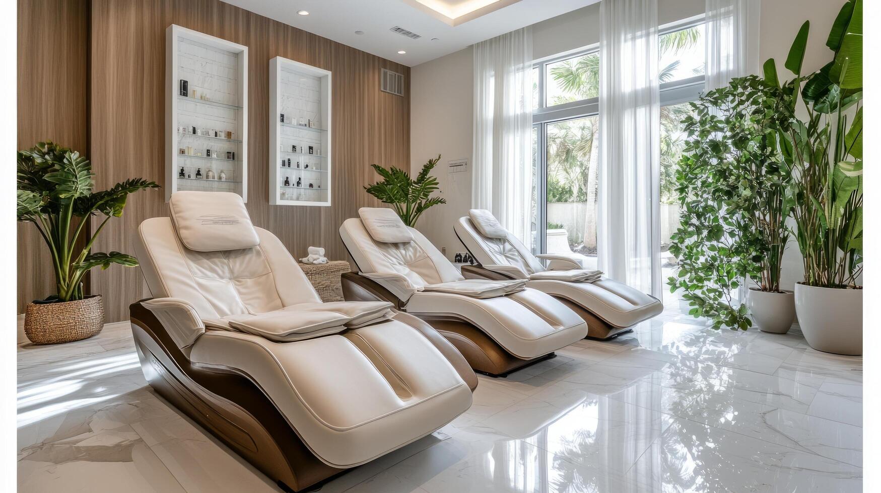 A spa room with massage chairs and plants photo
