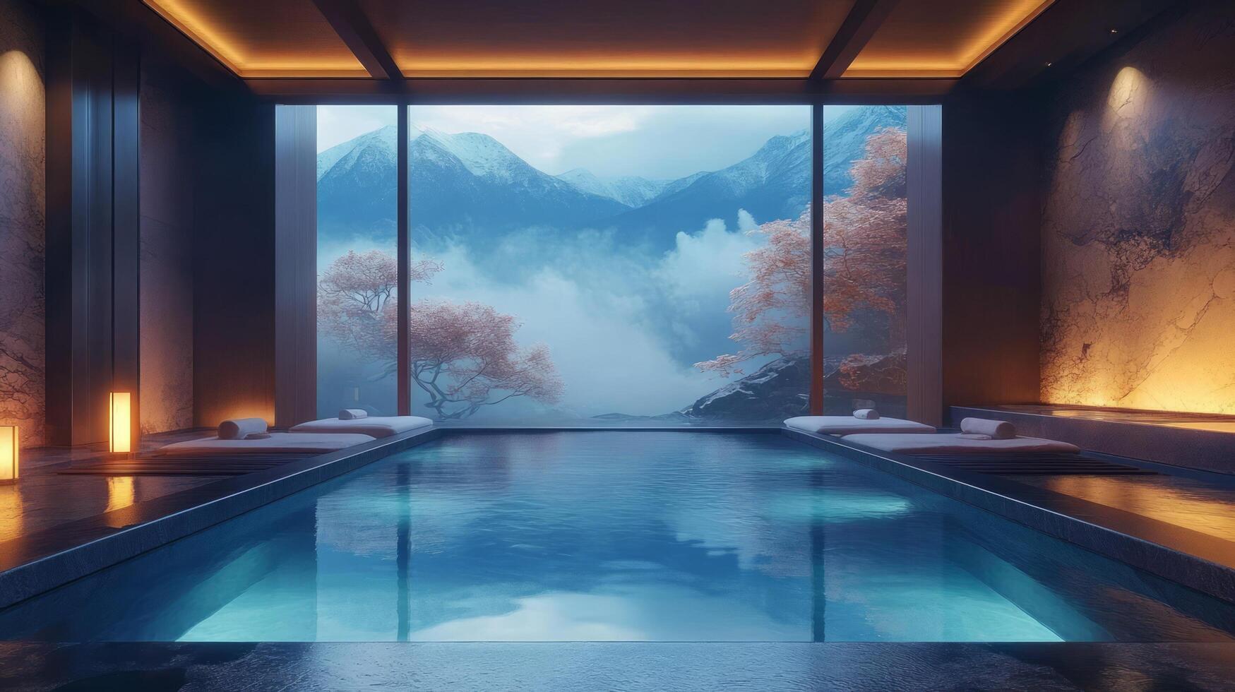 A spa room with a view of mountains photo