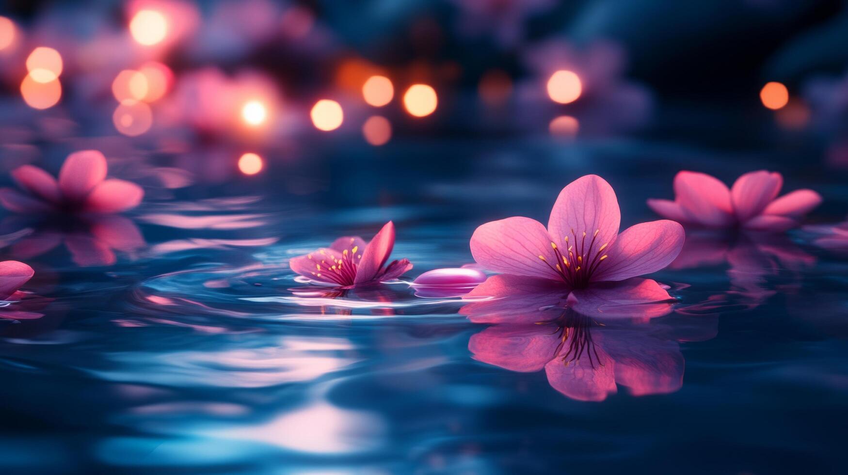 Pink flowers floating in water with lights in the background photo