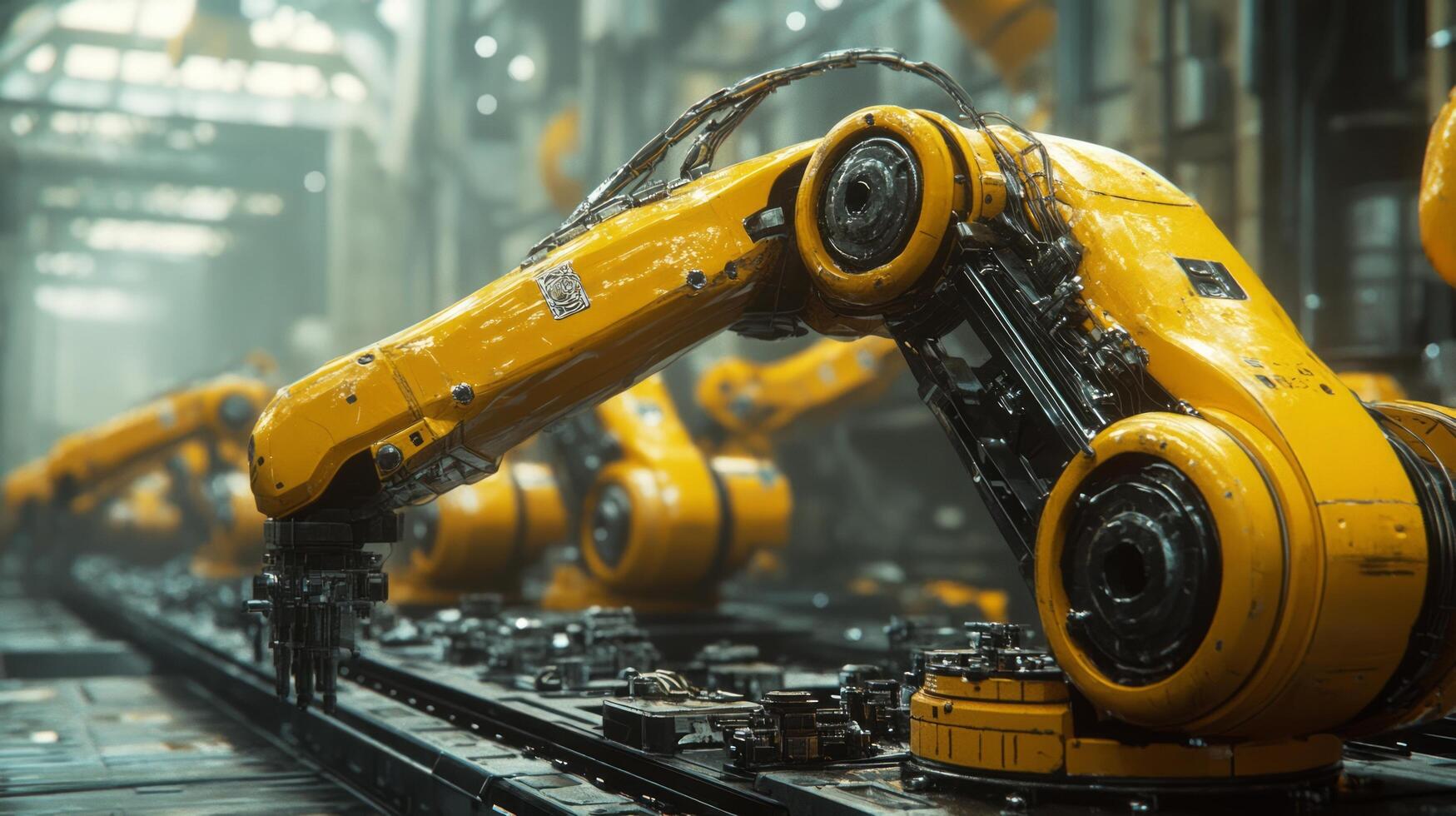A group of yellow robots in a factory photo