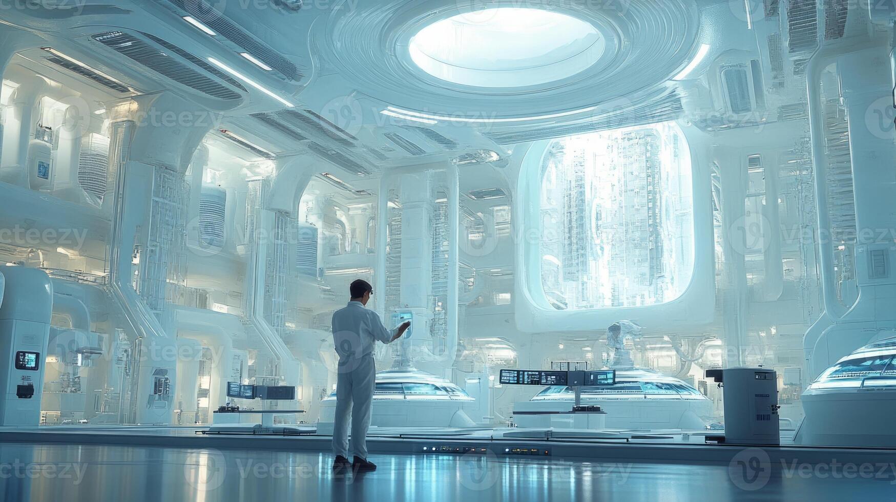A man standing in a futuristic futuristic room photo