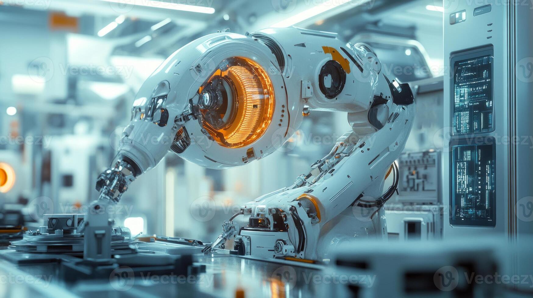 A robot is working on a machine in a factory photo