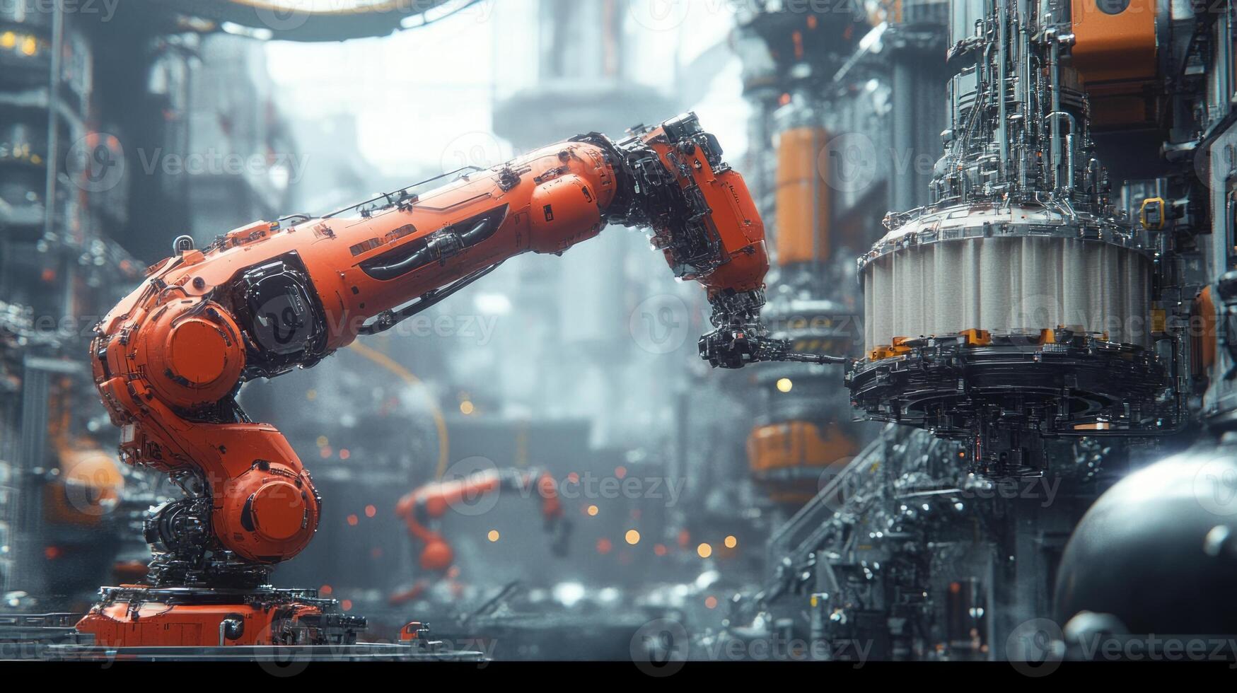 A robot is standing in front of a large industrial building photo