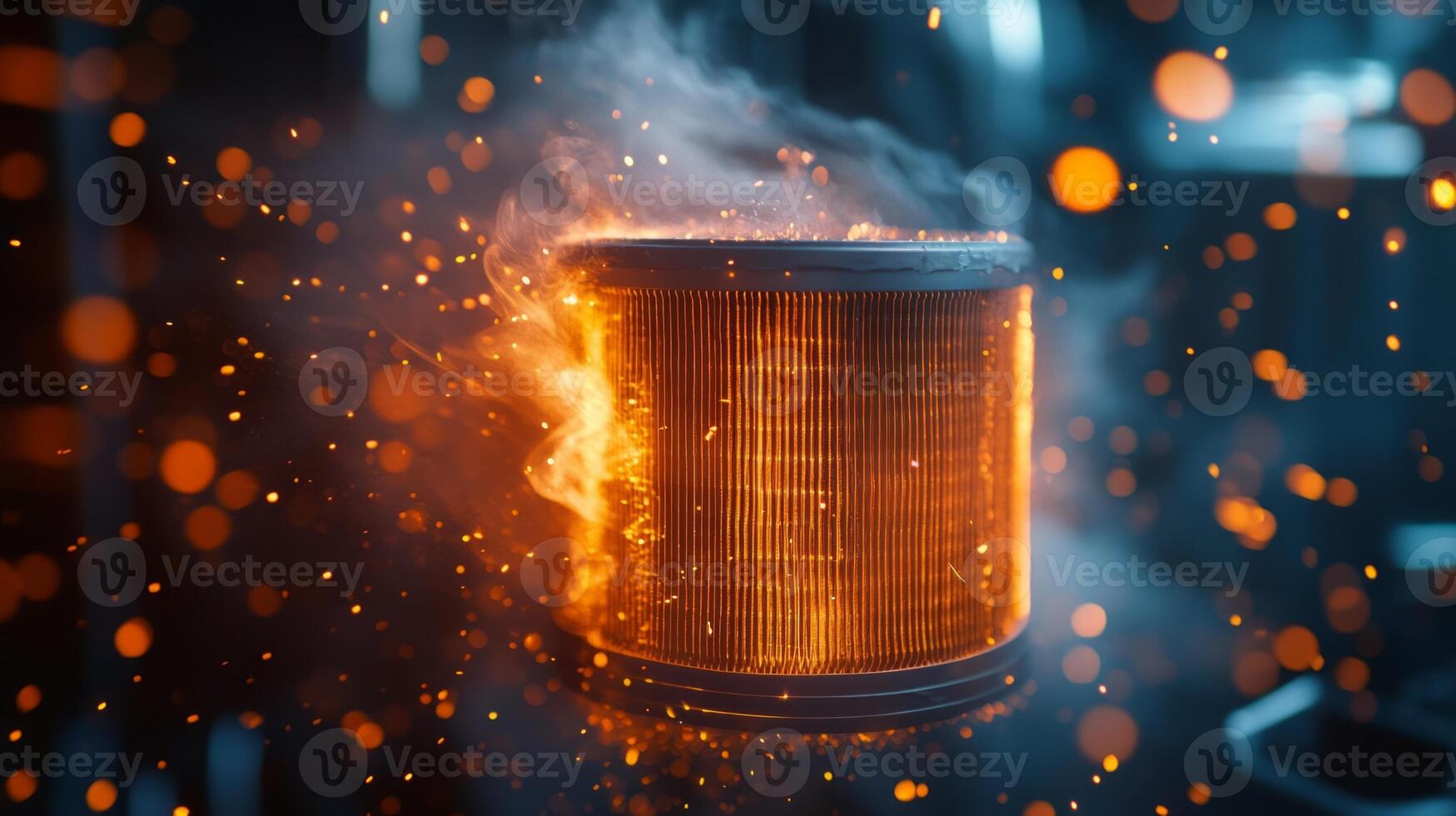 A metal drum with flames coming out of it photo